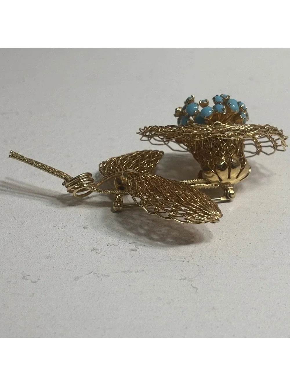 Vintage Vendome Signed Large Faux Turquoise Rhinestone Gold Tone Mesh Brooch